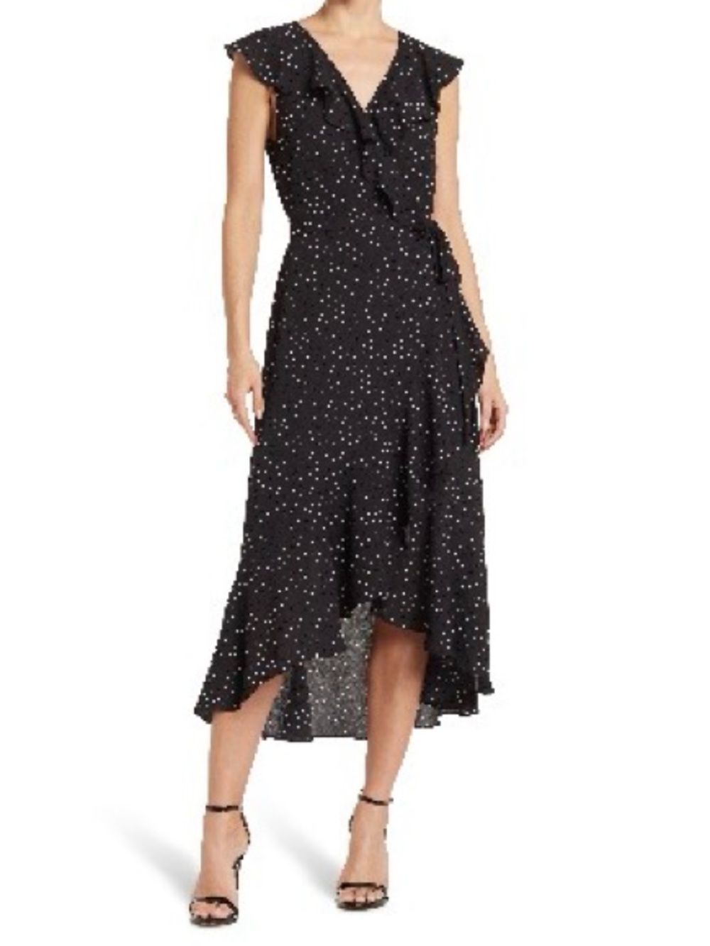 Black Polka Dot High-Low Wrap Dress with Ruffle Trim